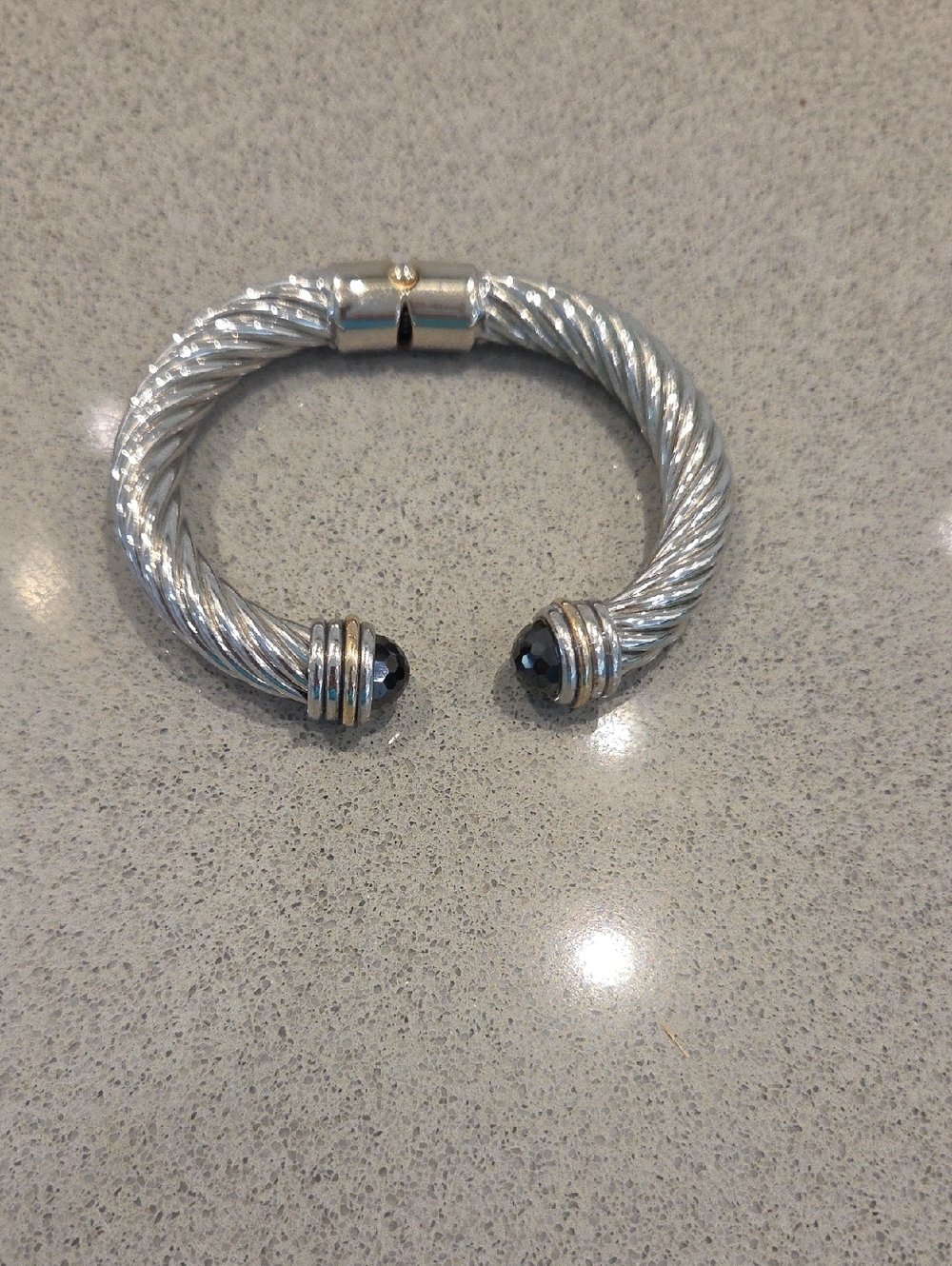 Silver-Tone Twisted Cable Open Cuff Bracelet with Black Endstones